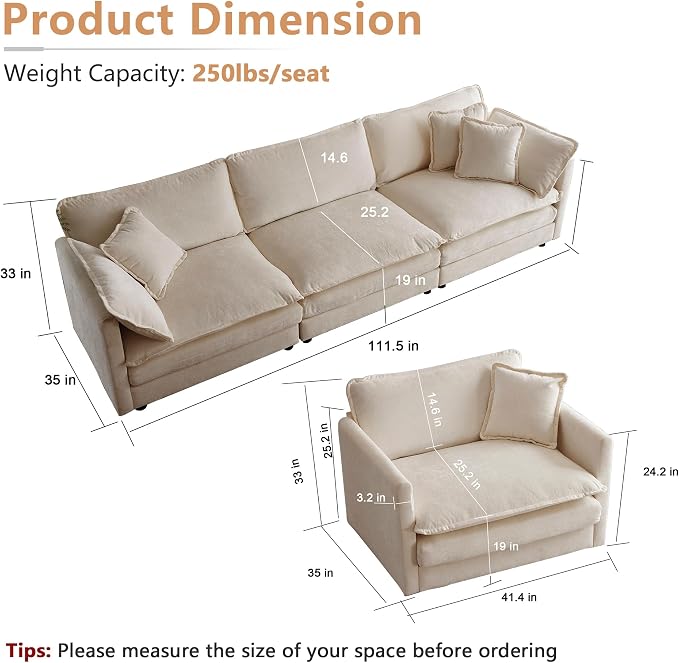 mikibama Luxury 3 Piece Sofa Set, 2 Pieces of Single Sofa and 1 Piece of 3 - Image 2