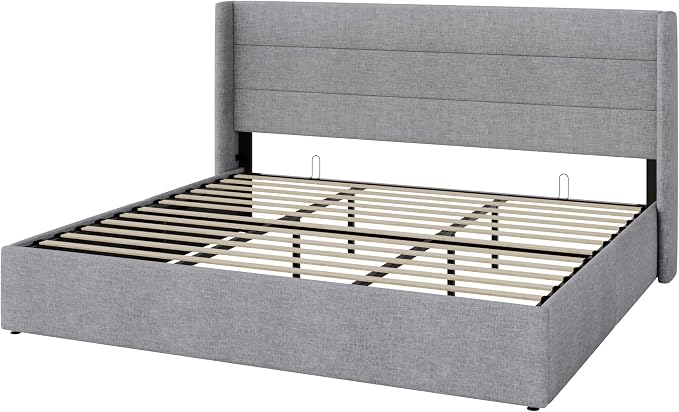 Allewie King Size Lift Up Storage Bed, Modern Wingback Headboard, Hydraulic - Image 9