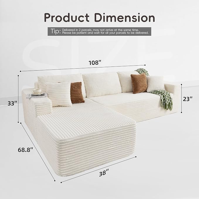 108" Boneless Couch, L-Shaped Modular Sectional Sofa - Image 2