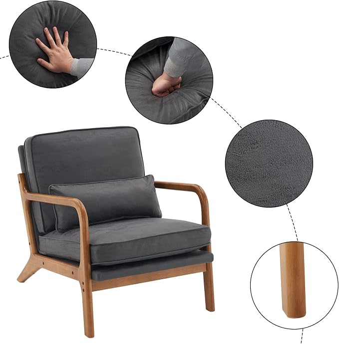 Bonnlo Microfiber Dark Grey Mid Century Modern Accent Chair, Soild Wood Padding - Image 4