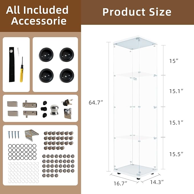 Display Cabinet with Glass Door and Lock, 4-Shelf Fast Installation Curio - Image 2