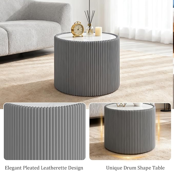 SSLine Round Drum Coffee Table Modern Sintered Stone Top Side End Table in Grey - Image 4