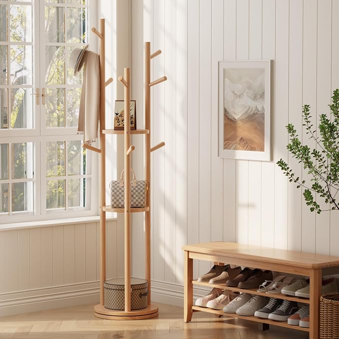 Muwuele Solid Wood Rotary Coat Rack, Freestanding Coat Rack - Image 9