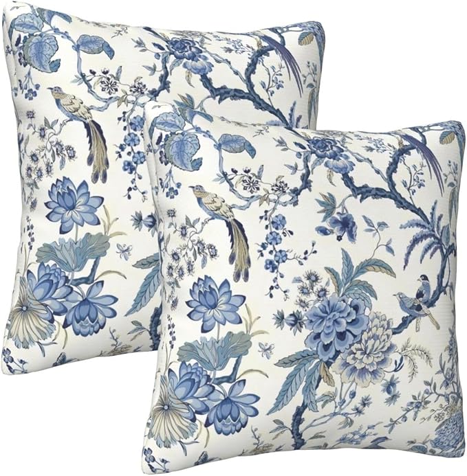 Chinoiserie Blue and White Pillow Covers 18x18 Set of 2, Bird and Flowers Throw - Image 9