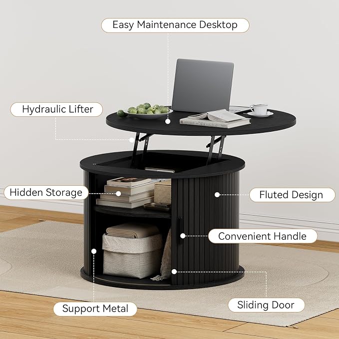 FABATO Round Lift Top Coffee Table, Fluted Wood Accent Coffee Table - Image 4
