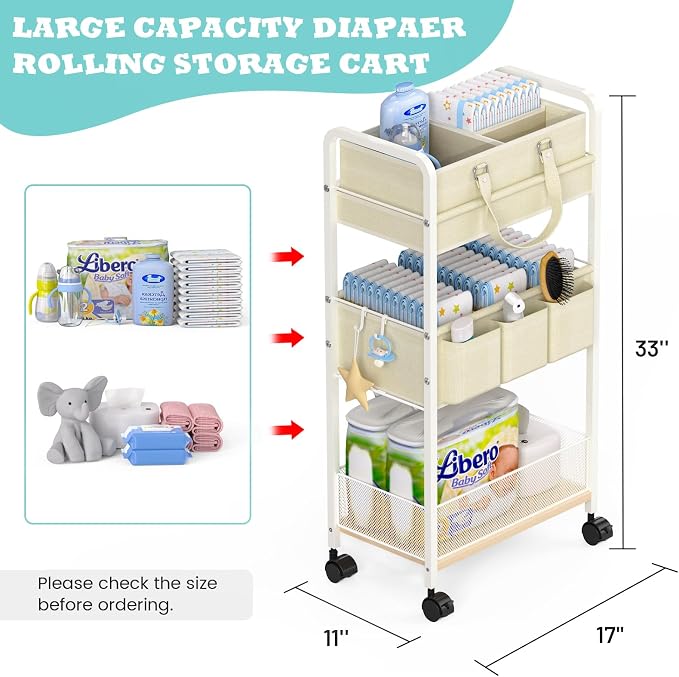 2In1 Baby Diaper Caddy & 3-Tier Rolling Cart, Diaper Caddy Organizer Carts - Image 2