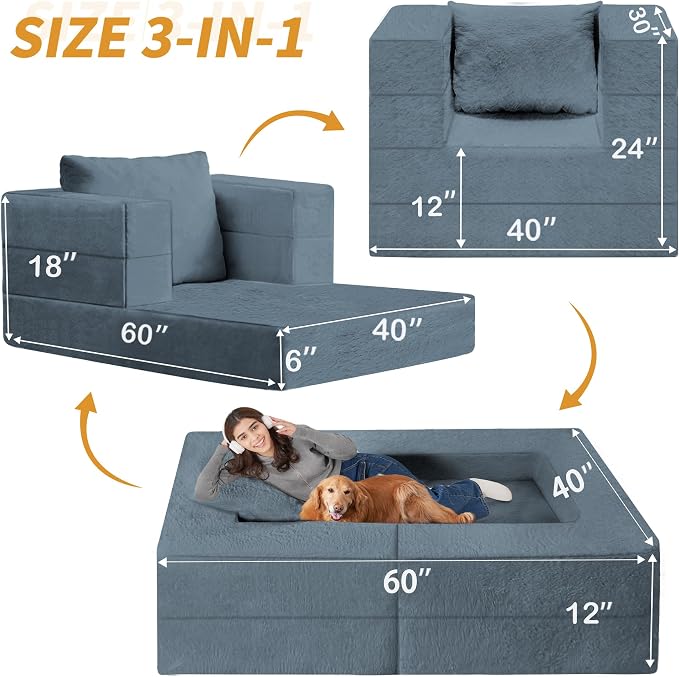 Folding Bean Bag Chair for Adults, 3-in-1 Bean Bag Couch Faux Fur Floor Sofa - Image 3