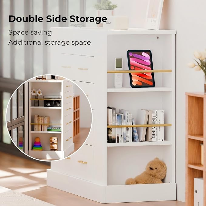 Drawer Dresser with LED Lights and Open Shelves, Modern Tempered Glass Top - Image 5