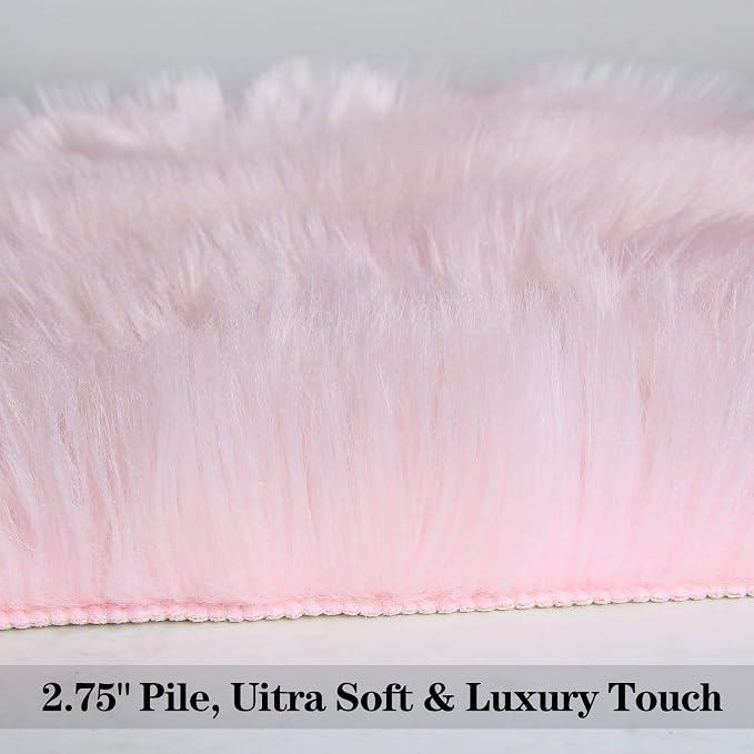 duduta Pastel Pink Rug Faux Sheepskin Fur 2x3 ft, Fluffy Shag Throw Rugs - Image 3