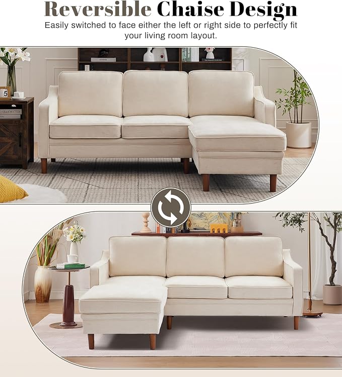 Kingfun 88" L-Shape Sofa, Chenille Sectional Couch, Mid Century Modern Couches - Image 3