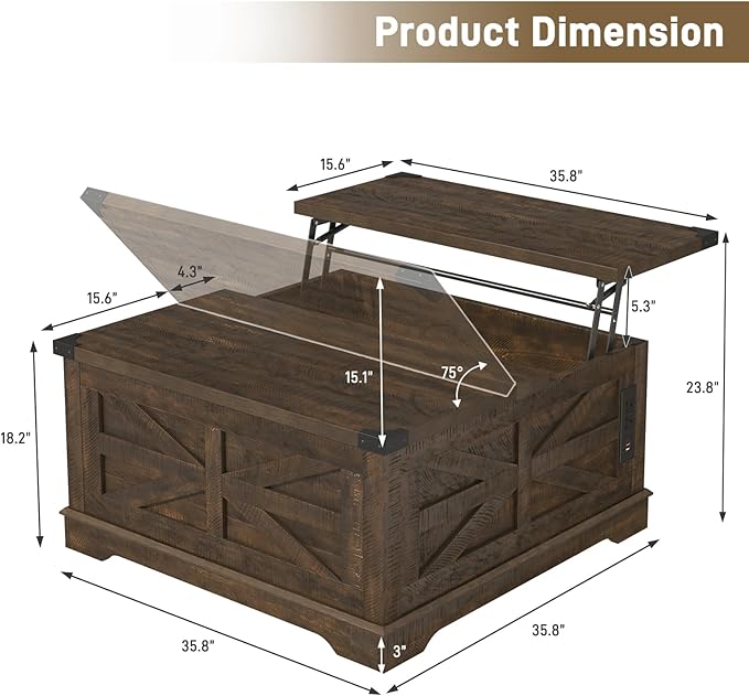 Hlivelood 36" Farmhouse Movable Lift Top Coffee Table - Image 2