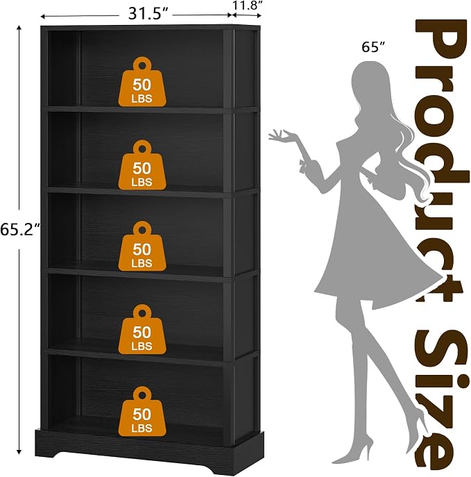 TVU 5-Tier Wooden Bookshelf, 31.5" W Standing Book Shelf - Image 3