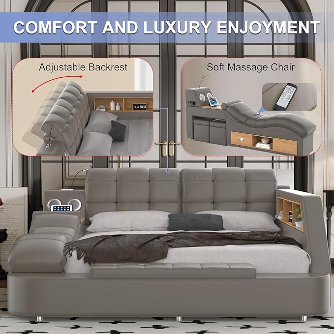 Luxury Smart King Bed Frame, Leather Headboard/Strong Wooden Slats - Image 6