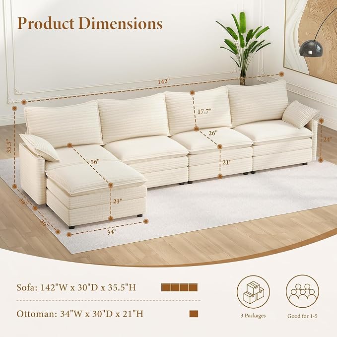 Vesgantti 142" Cloud Couch Sectional Modular Sofa, Comfy Sectional Couch - Image 2