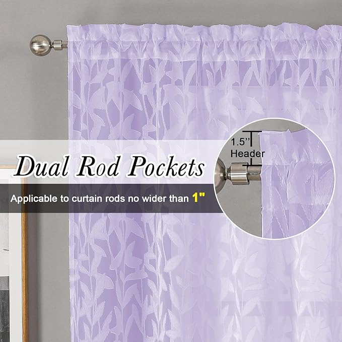 Lecloud Leia Light Purple Sheer Curtains 14 Inch Length 2 PCS, Dual Rod Pockets - Image 2
