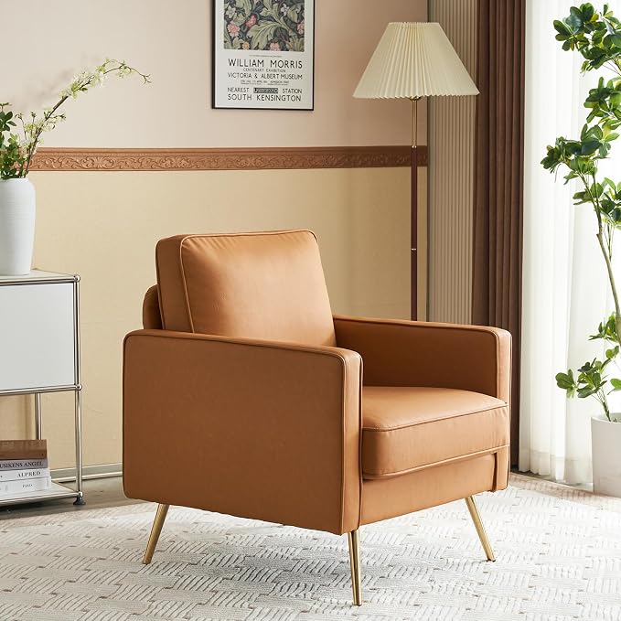 VINGLI PU Leather Accent Chair Brown Mid Century Modern Upholstered Sofa Chairs - Image 7