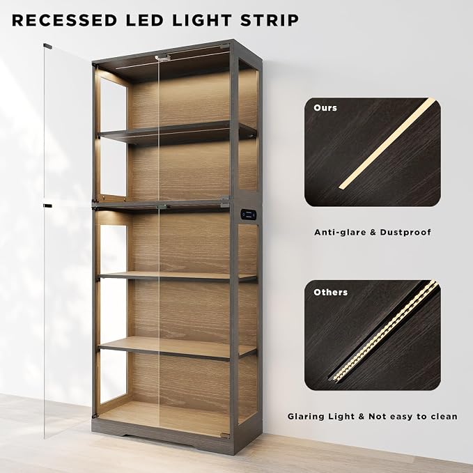 65" Tall Display Case with Glass Doors, Lighted Display Cabinet Bookcase with - Image 8