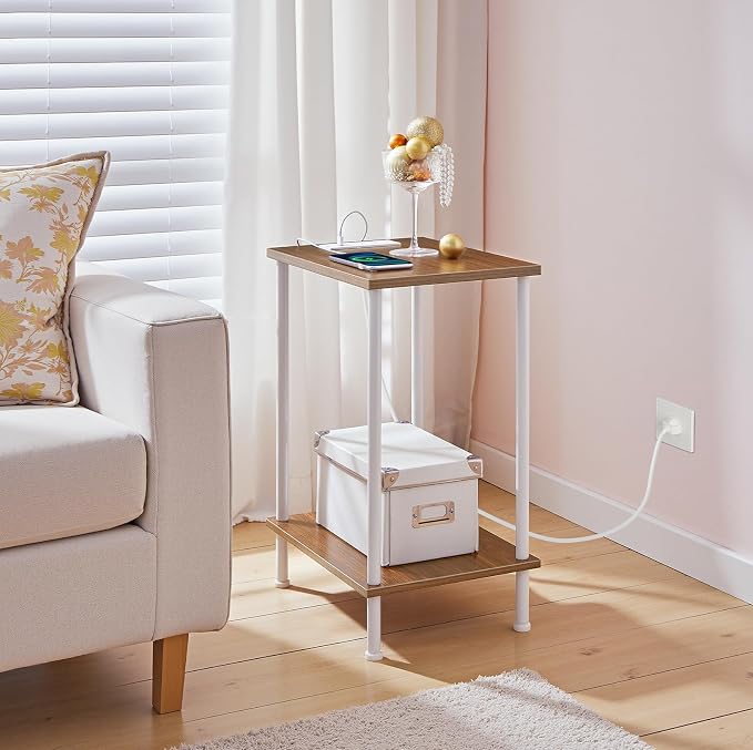 HOOBRO Side Table with Charging Station, Nightstand with 2-Layer Storage Shelves - Image 5