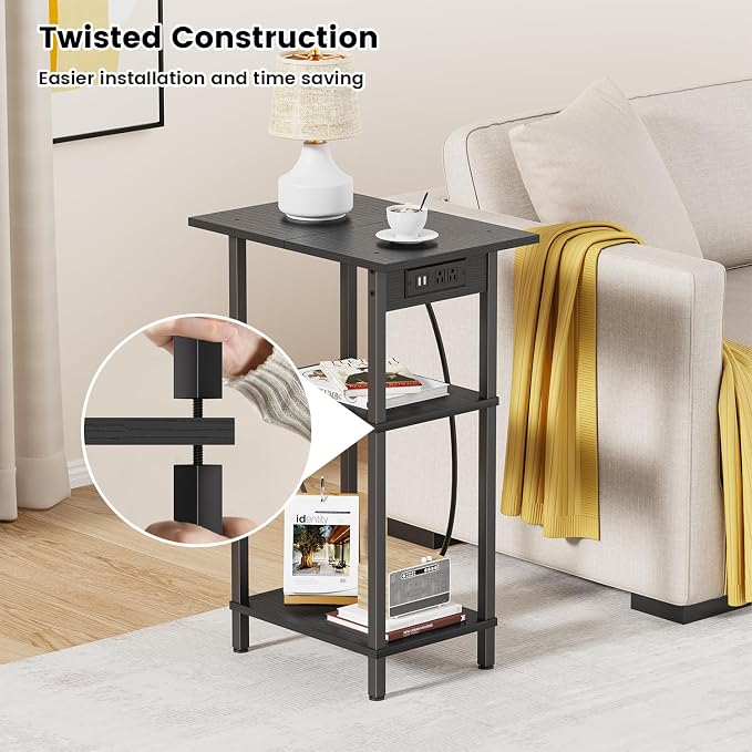 Asgolion Tall End Table with Charging Station, Skinny Nightstand with USB Ports - Image 5