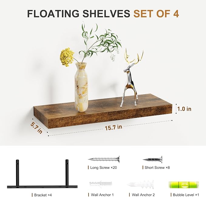 Bellsal Floating Shelves for Wall, Rustic Brown Wood Wall Shelf Set of 4 - Image 3