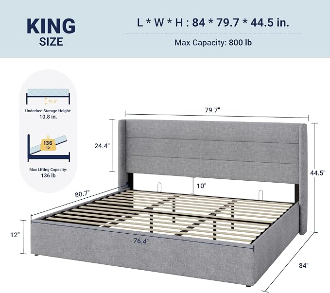 Allewie King Size Lift Up Storage Bed, Modern Wingback Headboard, Hydraulic - Image 2