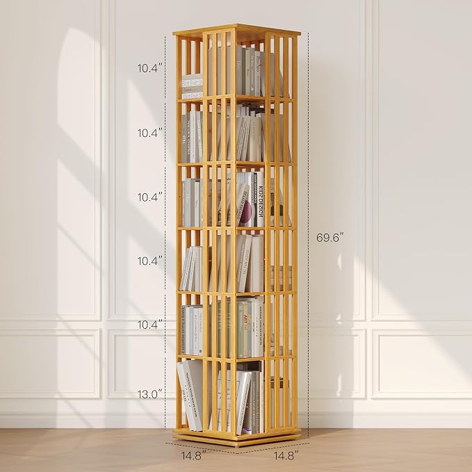 YOWOS Rotating Bookshelf Tower, 360° Display Spinning Bookcase, Bamboo - Image 2