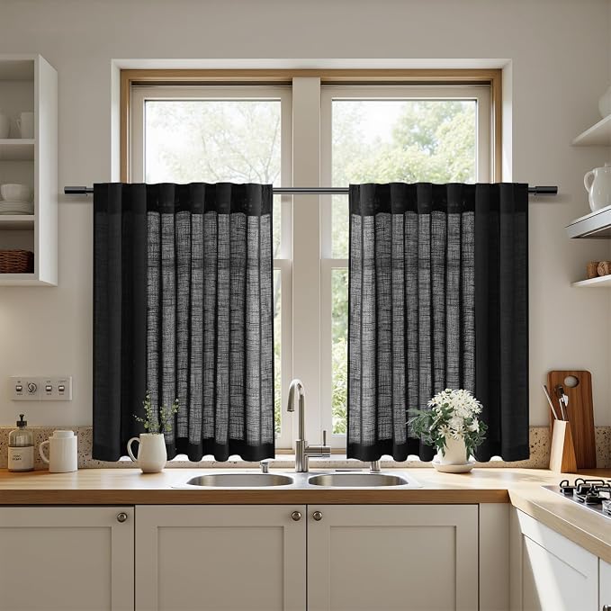 Nanspring Black Short Kitchen Linen Curtains 30 Inch Length Kitchen, Semi Sheer - Image 5