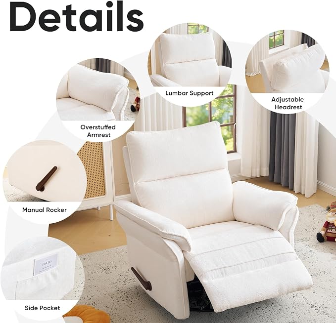 Rocking Chair Nursery with Adjustable Headrest, Manual Swivel Rocker Recliner - Image 7