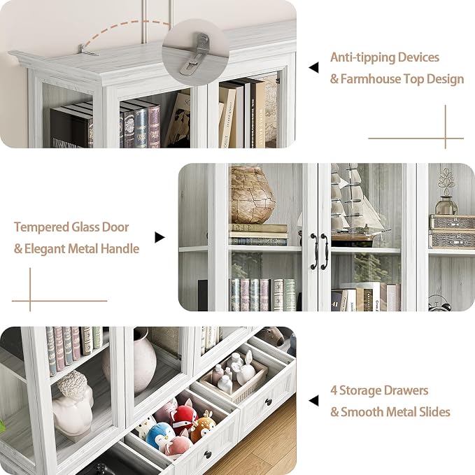 78" Large Storage Cabinet with Glass Doors, China Hutch, Farmhouse Kitchen - Image 6