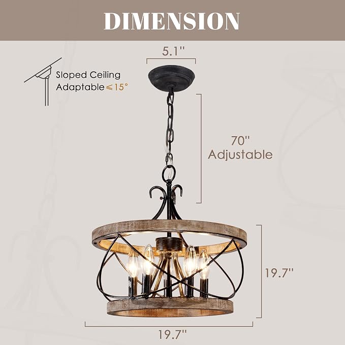 20" Farmhouse Chandelier, Rustic Drum Chandelier Light Fixture Over Table - Image 2