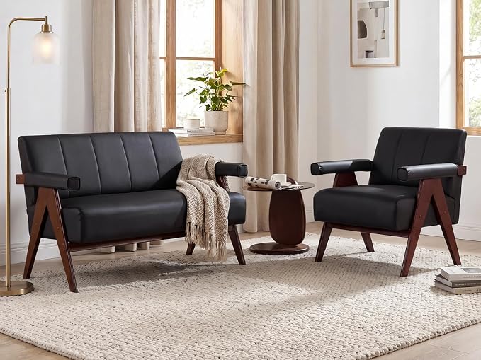 STHOUYN Black Leather Loveseat Sofa and Accent Chair, Mid-Century Modern Office by STHOUYN