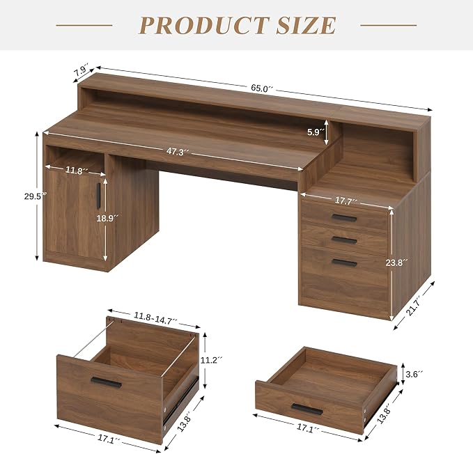 YOMILUVE Computer Desk with 3 Drawers & Storage Shelves, 65 Inch Home Office - Image 2