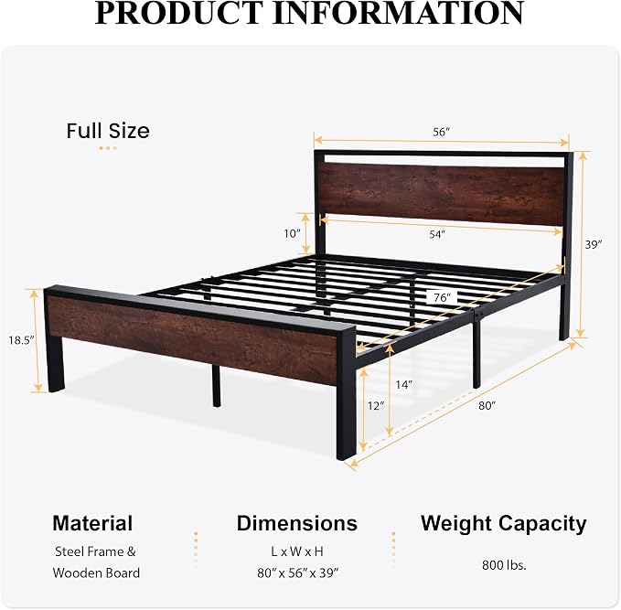 SHA CERLIN 14 Inch Full Size Metal Platform Bed Frame - Image 2