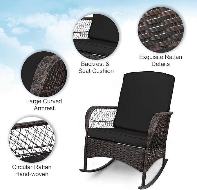 LEVELEVE 3 pcs Rocking Bistro Set Conversation Chairs PE Wicker Outdoor Rocking - Image 2
