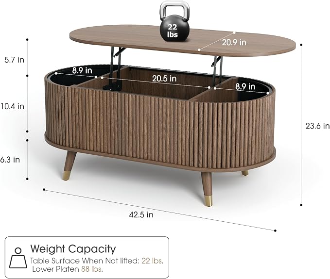 SULIVES Oval Coffee Table with Storage, Small Fluted Center Table - Image 2