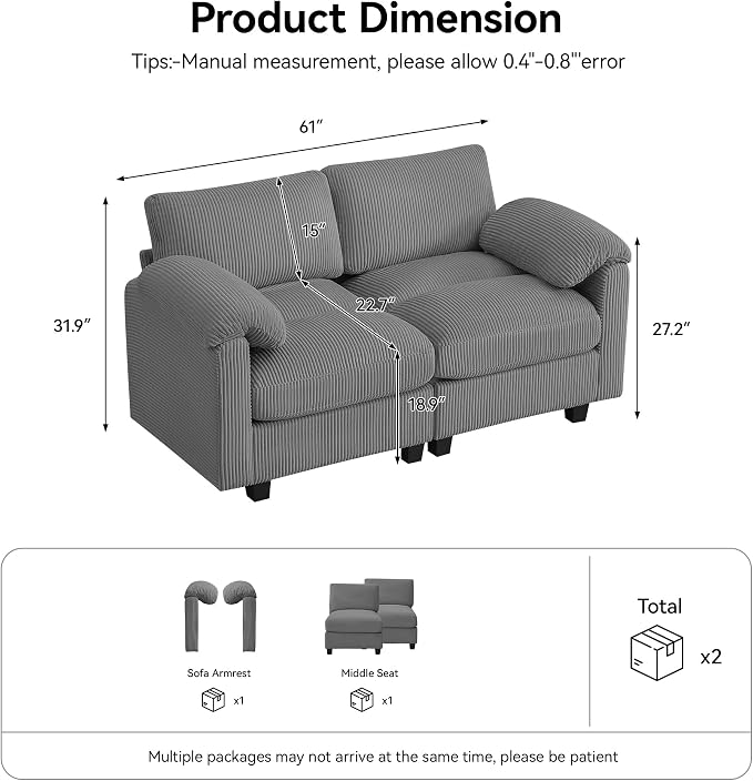 61'' Modular Loveseat Sofa, Extra Deep Seat Cloud Couch - Image 2