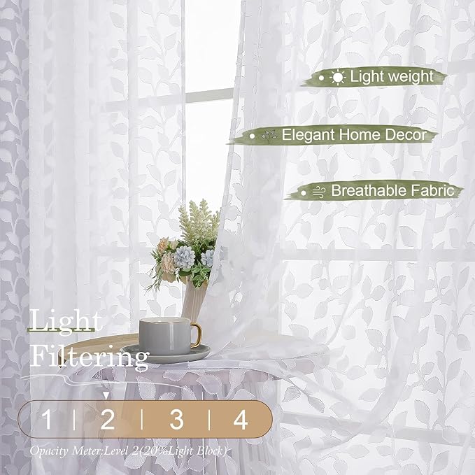 Chyhomenyc White Sheer Curtains 84 Inch Length 2 Panels Set, Light Filtering - Image 2