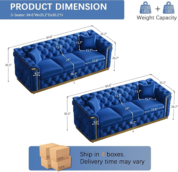 Luxury Chesterfield Sofa Set of 2, Velvet Tufted Couch Victorian Black and Gold - Image 2