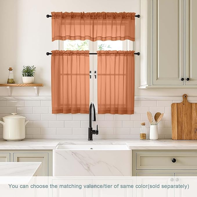 Orange Sheer Curtains Tier 30 Inches Length 2 Panels Set, Light Filtering - Image 2