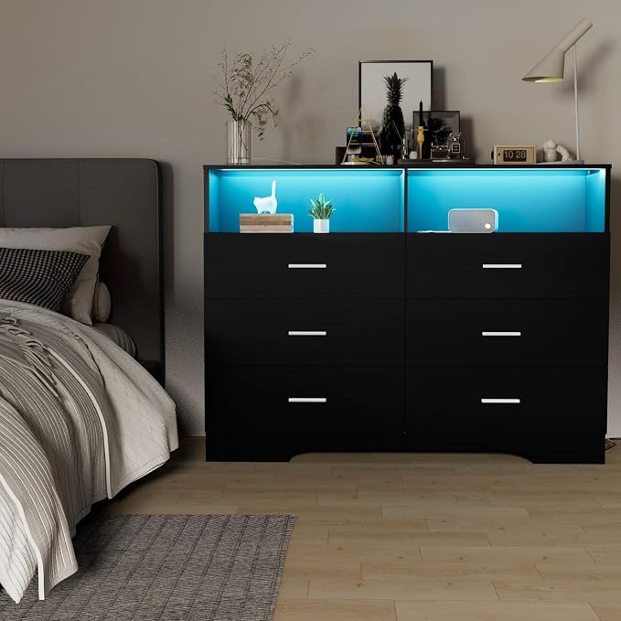 FJTJBSI Dresser with Power Outlets and LED Lights Wooden 6 Drawer Dresser with - Image 7