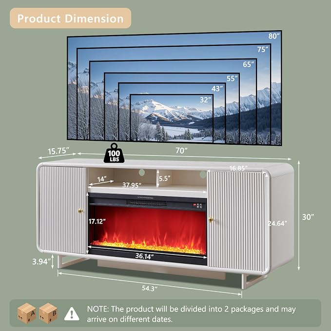 IFGET 70" Fluted Fireplace TV Stand - Image 2