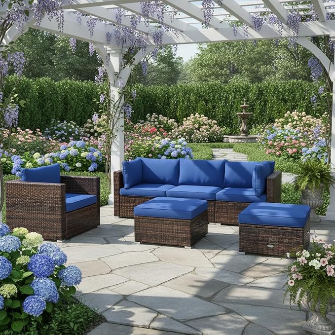 Tangkula 6 Pieces Wicker Patio Furniture Set, PE Rattan Outdoor Sectional - Image 3