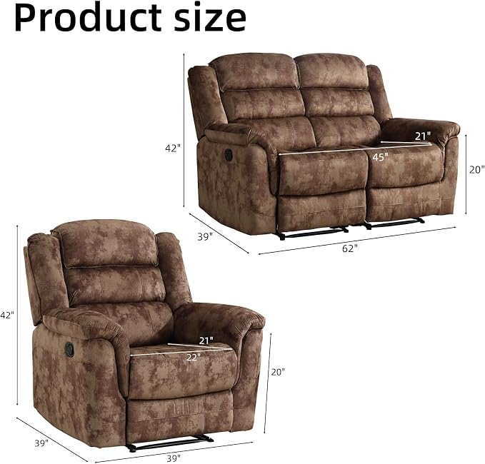 EBELLO 2 Pieces Loveseat Reclining Couch Furniture Set, Soft Fabric Manual - Image 2