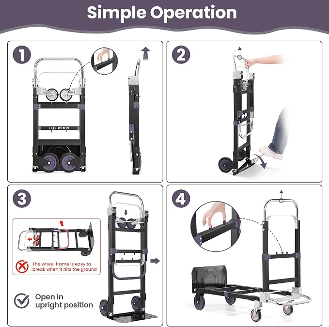 3-in-1 Folding Hand Trucks, 600Lbs Convertible Hand Truck Dolly, Heavy Duty - Image 3