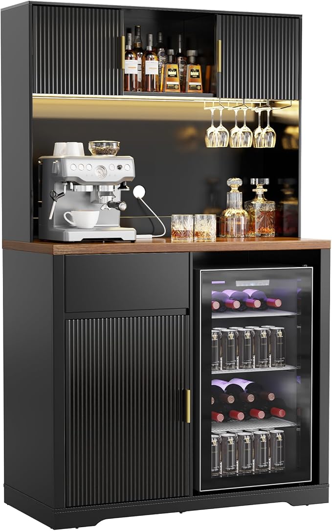 GDLF 72" Tall Bar Cabinet with Fridge Space, Fluted Coffee Liquor Hutch Cabinet - Image 9