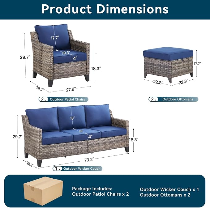5 Pieces Outdoor Furniture-High Back Outdoor Wicker Couch Patio Chairs Set of 2 - Image 8