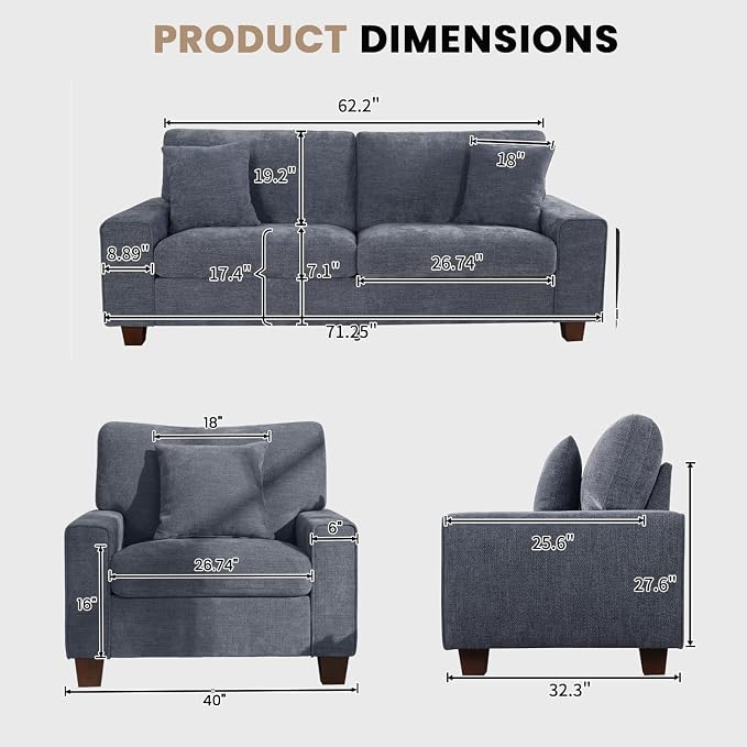 DOPEDIO Modern Living Room Sofa Set, 71.25" Chenille Loveseat - Image 2
