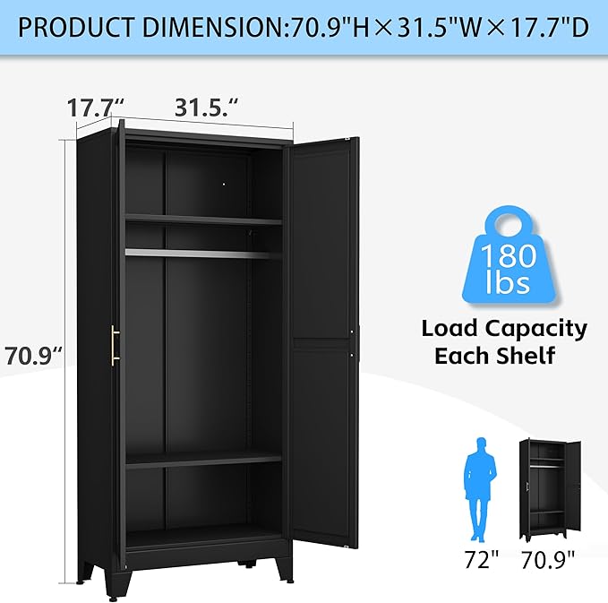 erosoei 71 "Metal Armoire Wardrobe Closet, Steel Clothing Storage Cabinet - Image 2
