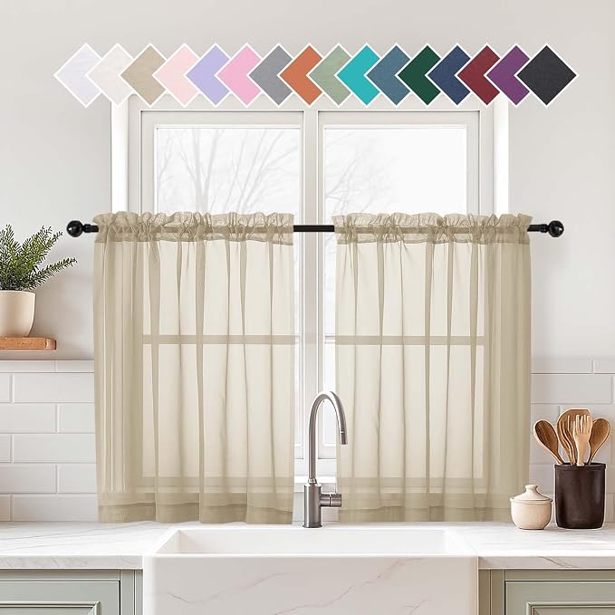 Taupe Small Sheer Curtains Tier 24 Inches Length 2 Pieces, Light Filtering Cafe by Home