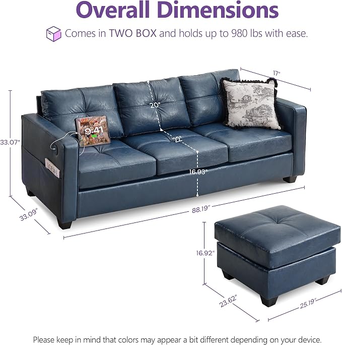 TYBOATLE 88" W Blue Faux Leather L Shaped Sectional Couches w/Side Pockets - Image 2